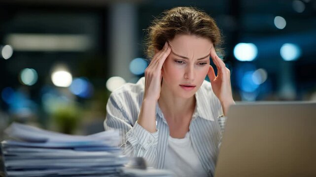 Macro shot of worried woman at desk, hands gripping temples, laptop displaying expense tracking software, stacks of invoices and envelopes adding context, muted ambient lighting