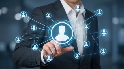 Businessman touching a glowing digital social network of user icons for communication