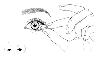 Close up view of an eye with a contact lens being inserted by fingers, perfect for optometry, vision care, and health education related marketing materials and medical procedure instructions