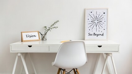 Minimalist desk with a starburst drawing displaying vision concept