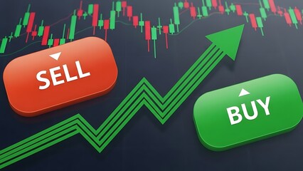 A green arrow pointing upwards on a graph with sell and buy buttons on a dark background with stock market data