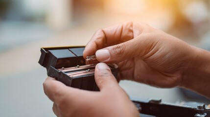 Close-up of a person's hands carefully changing batteries in a device, showcasing attention to detail and technical skills.