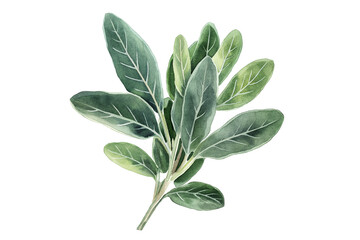 Obraz premium Sage Herb Branch Watercolor Illustration with Detailed Green Leaves Isolated on White Background