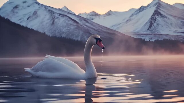 A serene, tranquil scene featuring a white swan on a calm body of water during what appears to be either dawn or dusk. The swan is captured in a side profile.