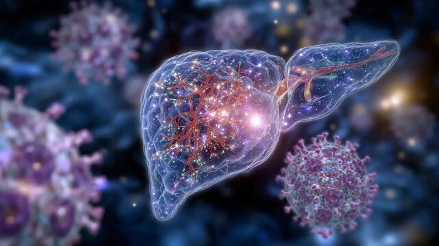 Medical art visualization of liver disease, detailed hepatocytes under viral attack, tissue inflammation glowing subtly, pathogen particles intricately detailed, emphasizing cellul