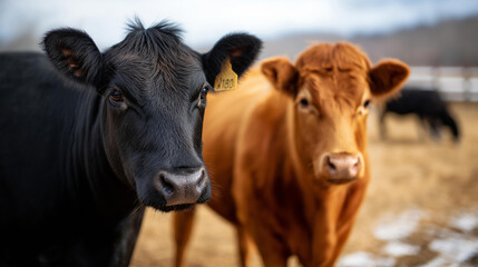 Farm animal cows faceless cattle farmer outdoor countryside care feed raise animals grass field sustainable farming winter season beef industry working livestock nature