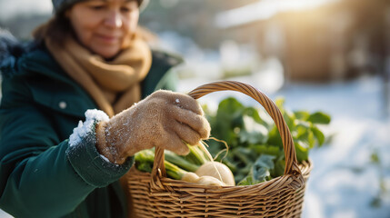 Faceless organic farmer harvesting fresh vegetables on farm sustainable agriculture winter crop collection healthy produce picking natural food cultivation farm to table