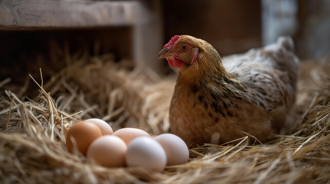 Mother hen incubates eggs on farm winter season chicken sits next fresh eggs coop lined with straw natural poultry farming organic egg production defocused background with