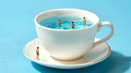 A whimsical scene of tiny swimmers enjoying a pool inside a large teacup, with a figure observing from the side against a bright blue backdrop.