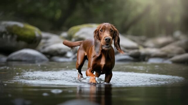Graceful irish red setter walks through flowing river in natural setting