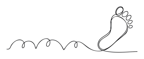 Continuous single line drawing of a healthy human foot connected to a wavy path, perfect for wellness, healthcare, movement, journey, or walking related marketing materials and educational
