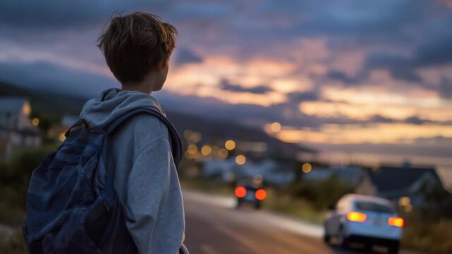 Poetic sunset scene showing a child with a backpack as a dark silhouette, empty suburban road, pastel sky fading into evening, conveying peace, nostalgia, and the fleeting nature o