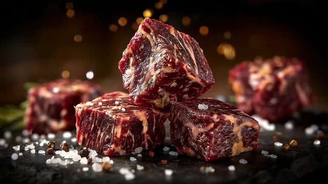 Raw beef cubes arranged on a dark stone surface, coarse salt crystals scattered around, several cubes stacked into a rough tower while a single cube floats mid air as if just tosse