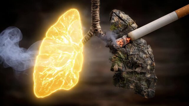 Realistic split-screen human lungs, healthy side with smooth texture, diseased side cracked and darkened, cigarette in the middle releasing a slight trail of smoke for dramatic eff
