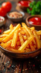 Golden, crispy fries in brown bowl sit atop a rustic wooden surface. Tomatoes and dipping sauce in background