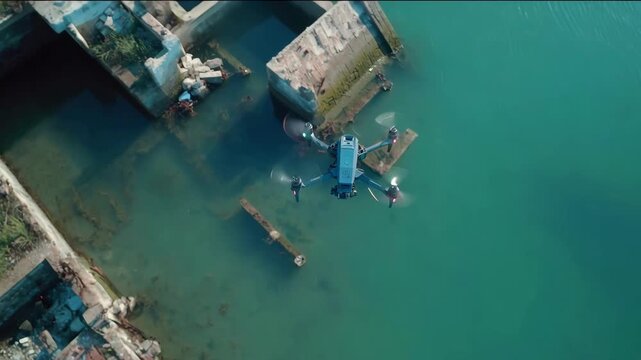 Medium shot of a drone maneuvering near submerged construction focusing on the texture and extent of biological colonization on concrete walls.