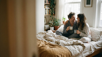 Happy young Caucasian couple in pajama sitting on bed in cozy bright bedroom drinking morning coffee and laughing together for romantic lifestyle and home wellness concept