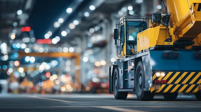 Side macro perspective of hydraulic crane, focus on outriggers and base, city street blurred in background, reflections on polished metal and industrial textures highlighted