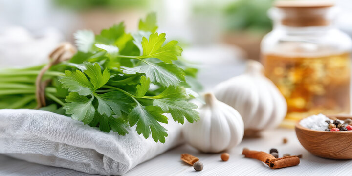 Fresh green parsley leaves with garlic and spices on white cloth and wooden table