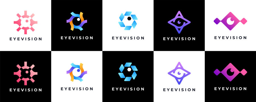 Eye tech logo design collection, cyber symbol. lens aperture positions. Retina scan eye icons , Simple, science, silhouette, vector template