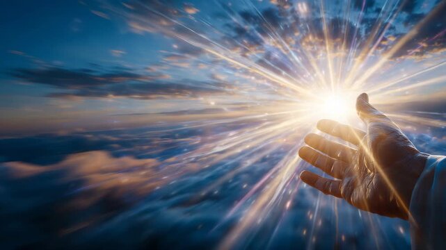 The hand of Jesus Christ extended in blessing against a serene sky, soft divine glow, minimalist spiritual aesthetic, wide banner layout with ample copy space for inspirational tex