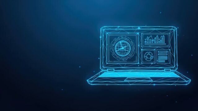 Abstract digital laptop displaying data analytics and global information on its screen with a futuristic glowing blue interface and wireframe design