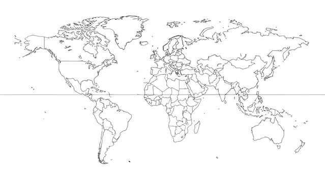 Detailed world map outline showing continents countries and geographical boundaries