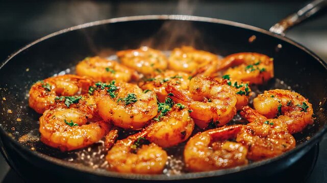 Juicy shrimp sizzling in garlic butter sauce with herbs in a hot skillet, freshly cooked and flavorful
