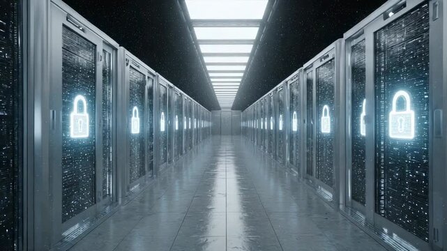 Secured data center hallway with glowing padlock icons on servers representing modern digital protection