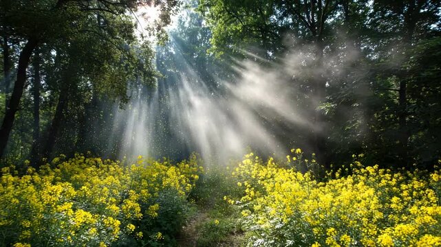 Morning sunlight beams through forest trees illuminating yellow flowers and pollen floating in warm air