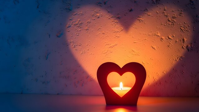Red heart candle holder with glowing flame against wall. Love and romance concept. Candle casting a heart shaped shadow on a textured background in a dark room