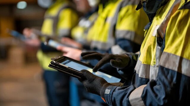 Safety officers consulting multilingual emergency protocols displayed on tablets to ensure accurate responses in hazardous situations.