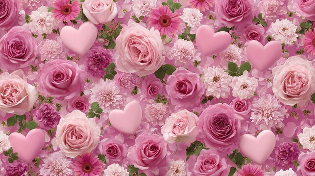 Romantic seamless pattern with pink roses and soft hearts in full bloom on vibrant floral background for love - Powered by Adobe