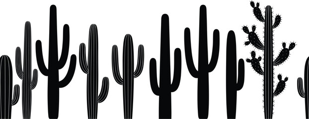 Obraz premium Cactus silhouette vector set featuring various desert succulent shapes, tall saguaro forms, and prickly plant outlines for nature designs