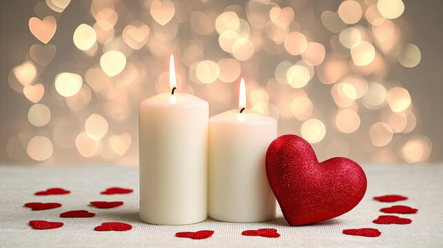 Romantic burning red and white candles with sparkling hearts and lights, perfect for Valentine’s celebration - Powered by Adobe