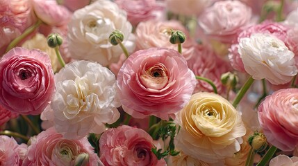 Obraz premium Soft pastel ranunculus flower bouquet in shades of pink, cream and yellow with delicate layered petals