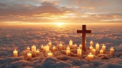 Wooden cross and glowing candles above the clouds at sunset representing peace, faith, and spiritual hope