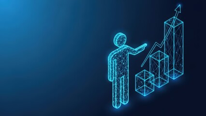 Digital abstract person in wireframe form pointing at a geometric data growth graph with a blue neon glow against a dark blue background representing business technology and innovation concepts