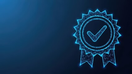 Digital award badge with a checkmark signifying quality and approval against a dark blue abstract background