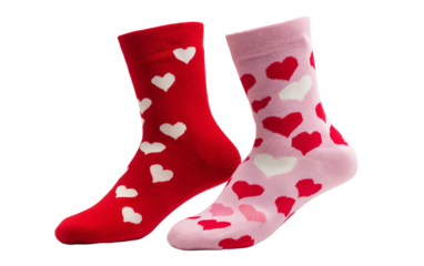 Pair of red and pink valentine socks captured elegantly for love themed lifestyle and cozy wear visuals isolated on transparent background PNG