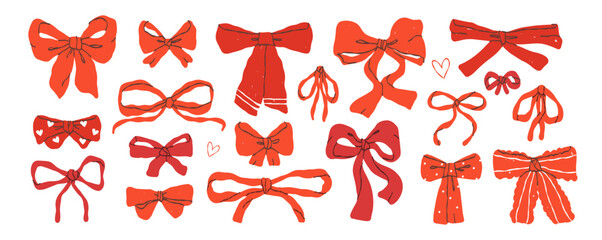 Cute doodle of bows and ribbons for Valentine&rsquo;s Day. Feminine romantic style for gifts, cards, and celebration decorations. Lineart hand drawn style.