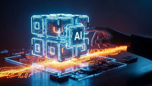 Hand interacting with glowing AI circuit blocks on futuristic motherboard