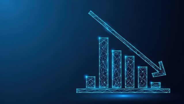 Digital bar chart showing a financial downtrend with bars and a declining line on a dark blue background