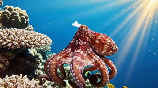 An octopus gracefully explores vibrant coral reefs