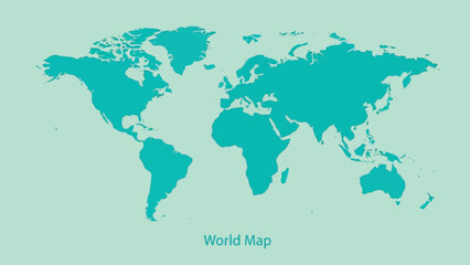 A teal world map illustration against a pale green background