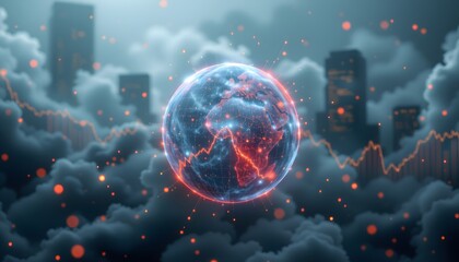 Global Data Visualization: A mesmerizing display of a digital world, an orb-like representation with radiant lines and patterns, floats amid a sea of clouds and cityscapes. Illustrating data flow.