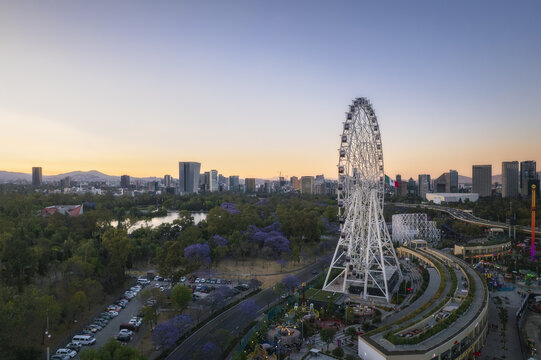 Aerial view of the towering Ferris wheel at Chapultepec Park standing majestically against the skyline, Mexico City, Mexico.