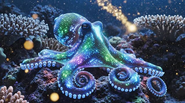 A shimmering, multicolored octopus among coral reefs