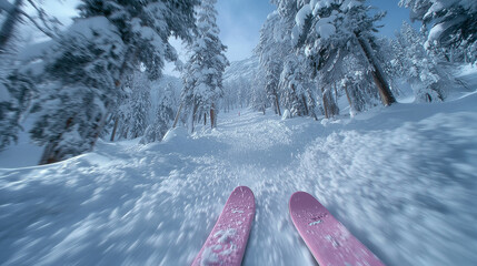 First person view of pink skis racing through snowy forest slope, speed, winter, adrenaline, extreme sports action.

