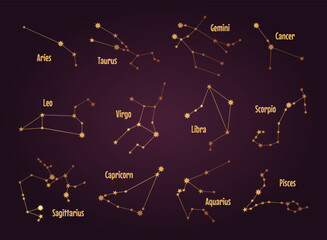 Set of zodiac constellation golden sign. Astrology vector illustration